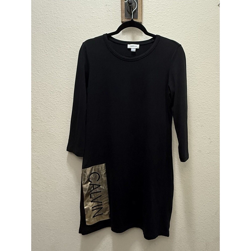 Calvin Klein Black Logo Dress Gold Detail Minimalist Chic Size M cotton blend